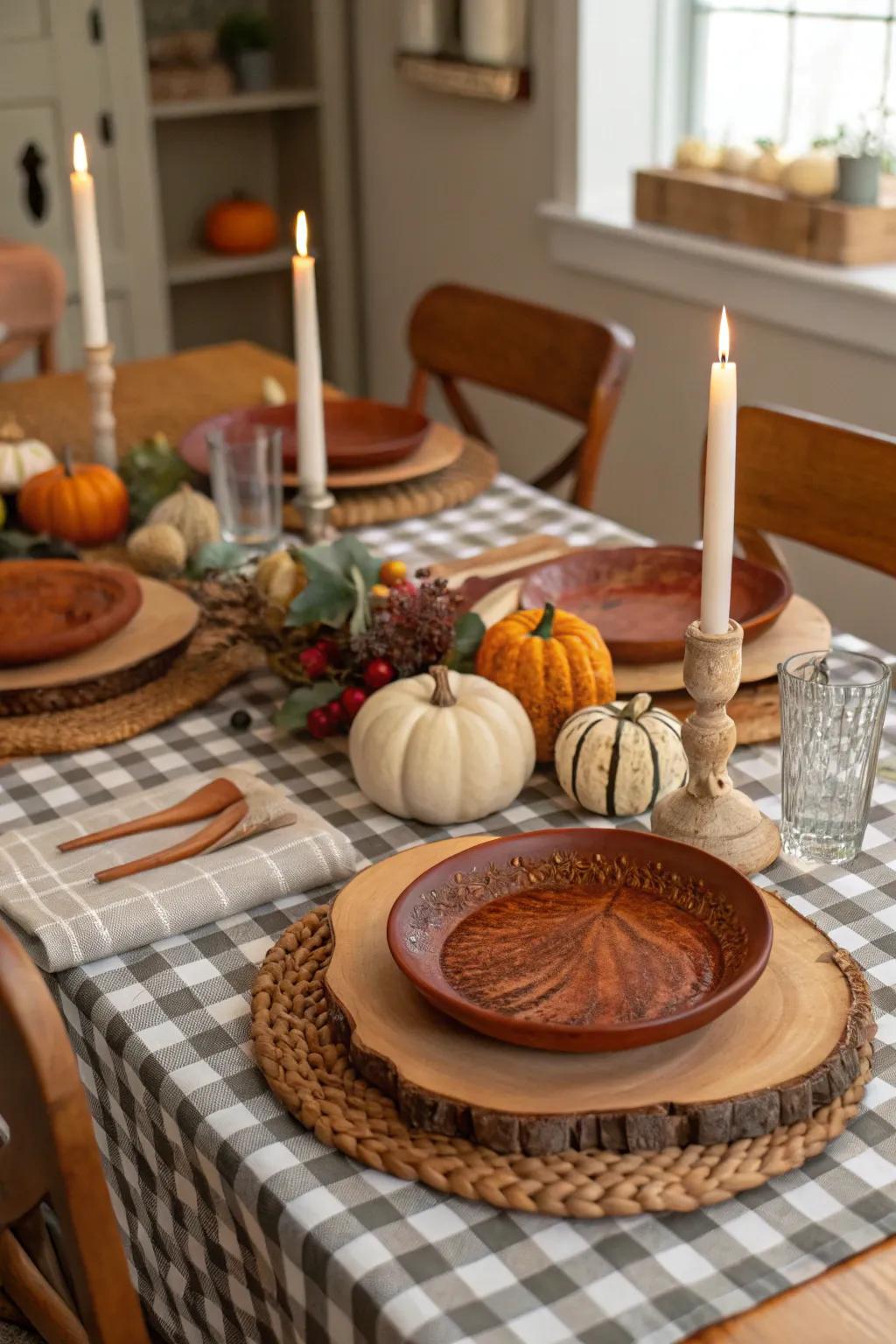 Wooden accents offer a countryside allure to your table arrangement.
