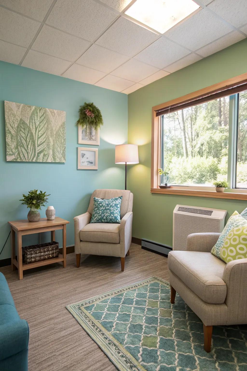 Soothing palette establishing a serene environment.