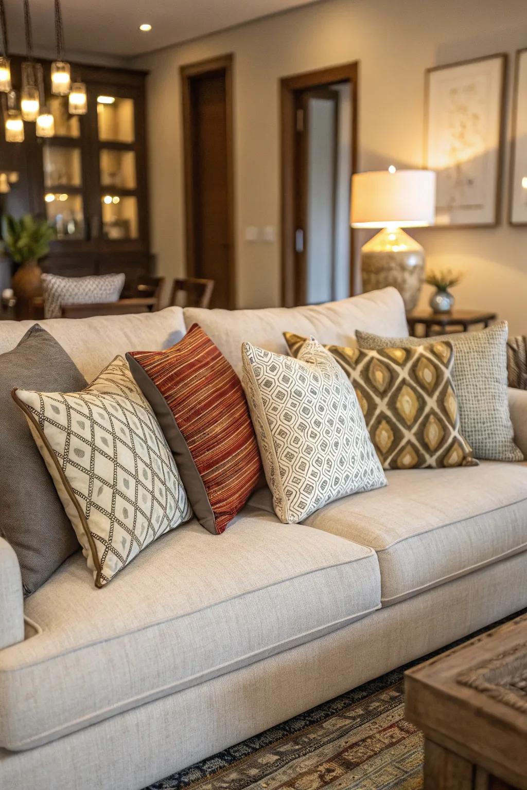 A chic combination of symmetrical and asymmetrical cushion placements on a contemporary sofa.