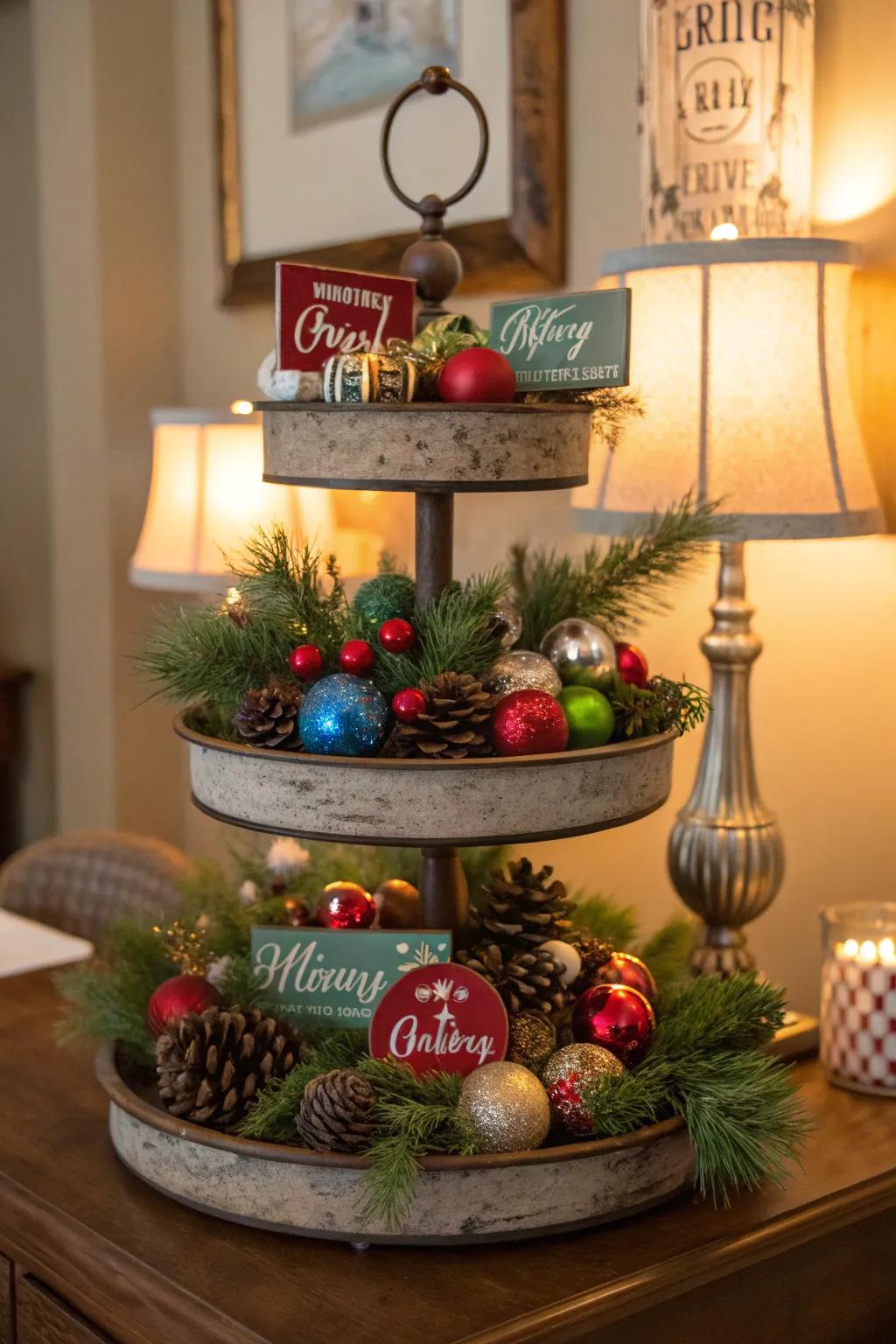 A Christmas-themed tiered tray broadcasts seasonal cheer.
