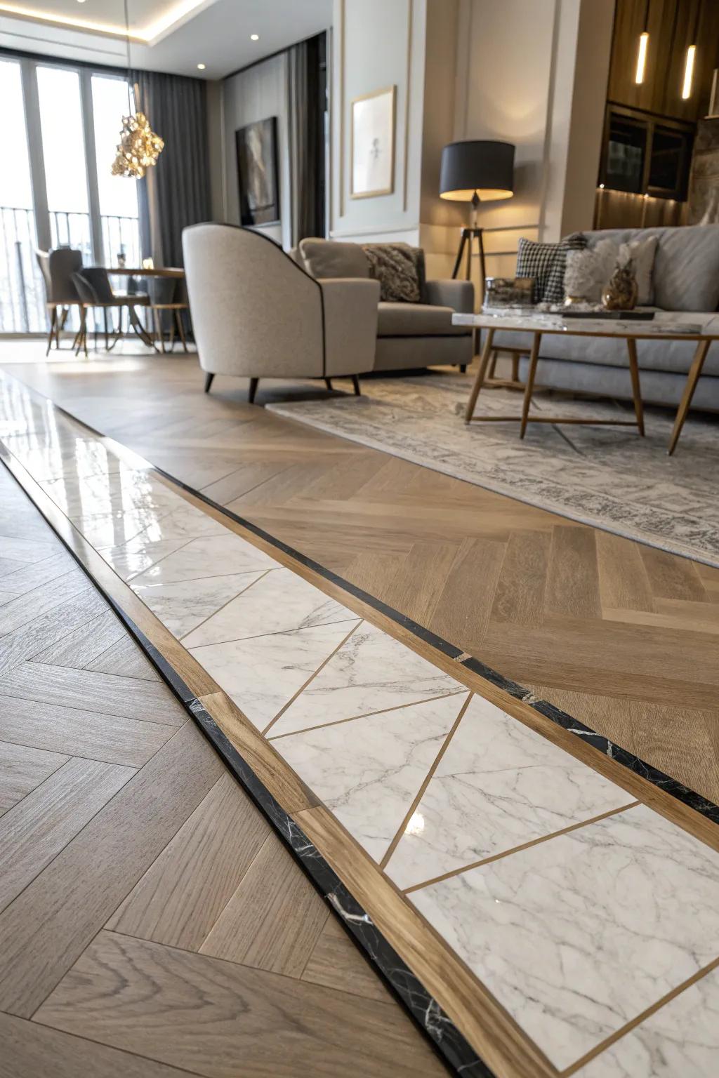 A marble strip elegantly transitions between ceramic and timber floors.