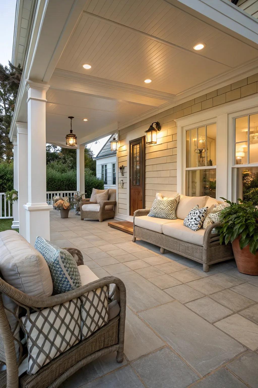 The expansive design and light tiles make this porch an ideal spot for unwinding and socializing.