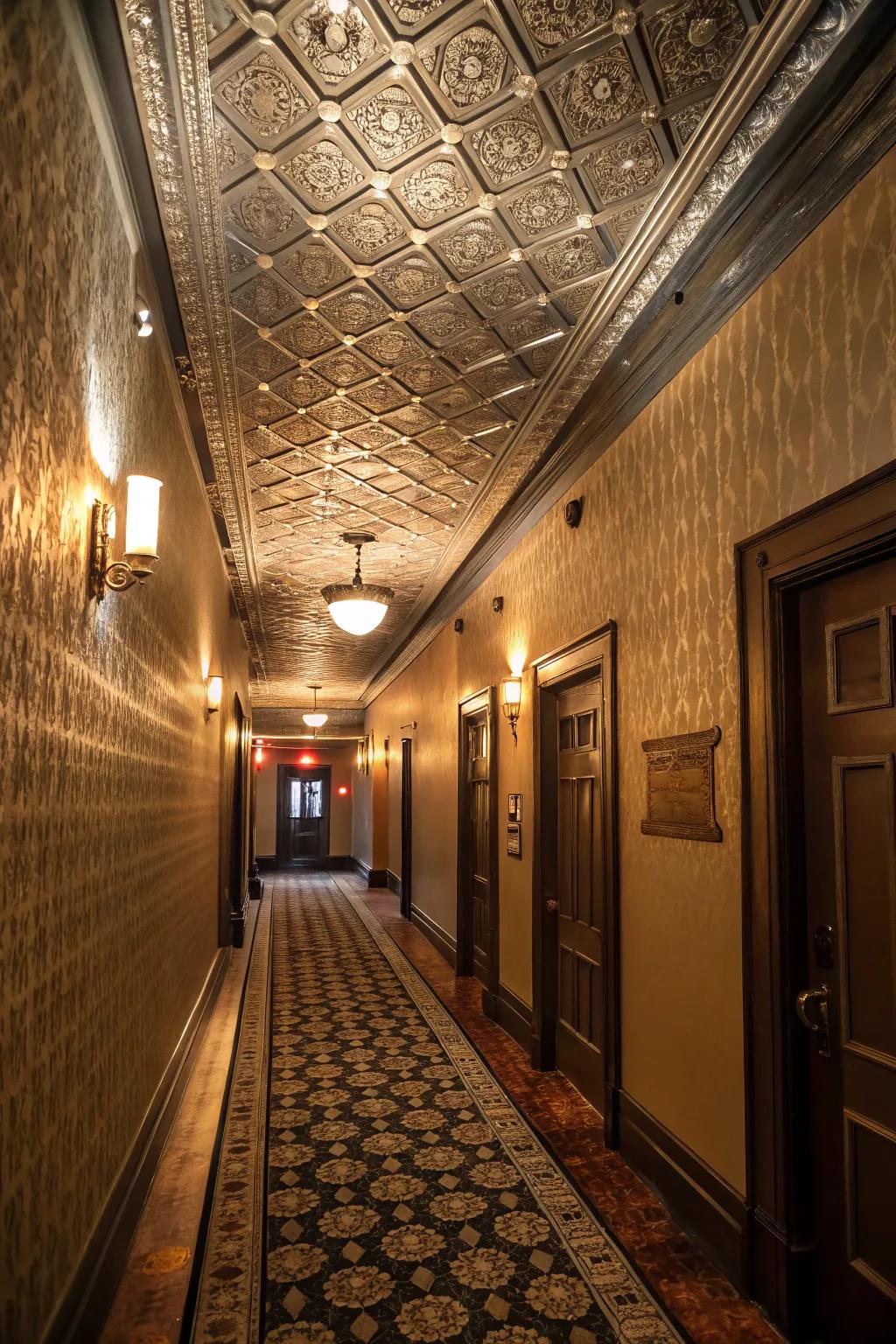 Passageways awaken with textured metallic ceilings.