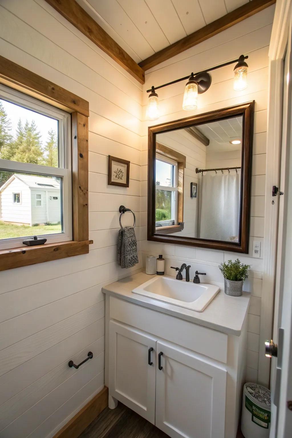 Looking glasses broaden the visual space in this small bathroom.