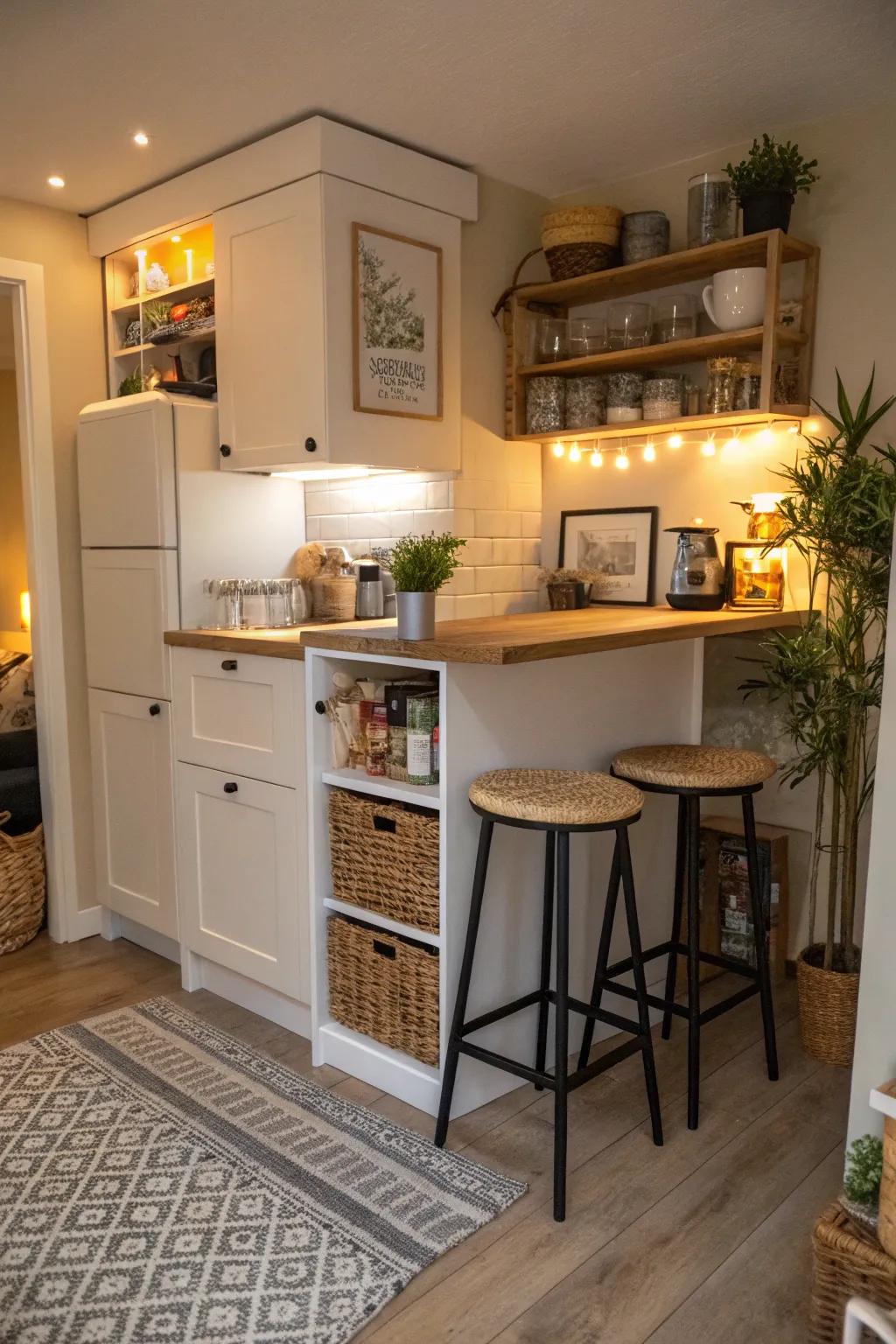 Versatile furniture maximizes space in a compact kitchen.