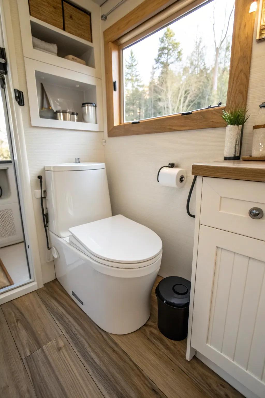 In a sleek, modern bathroom, there is a practical dry flush toilet