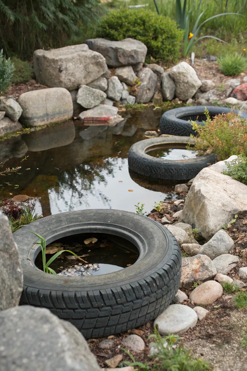 A tire pond exhibiting a natural rock enclosure, offering an authentic pond ambiance.