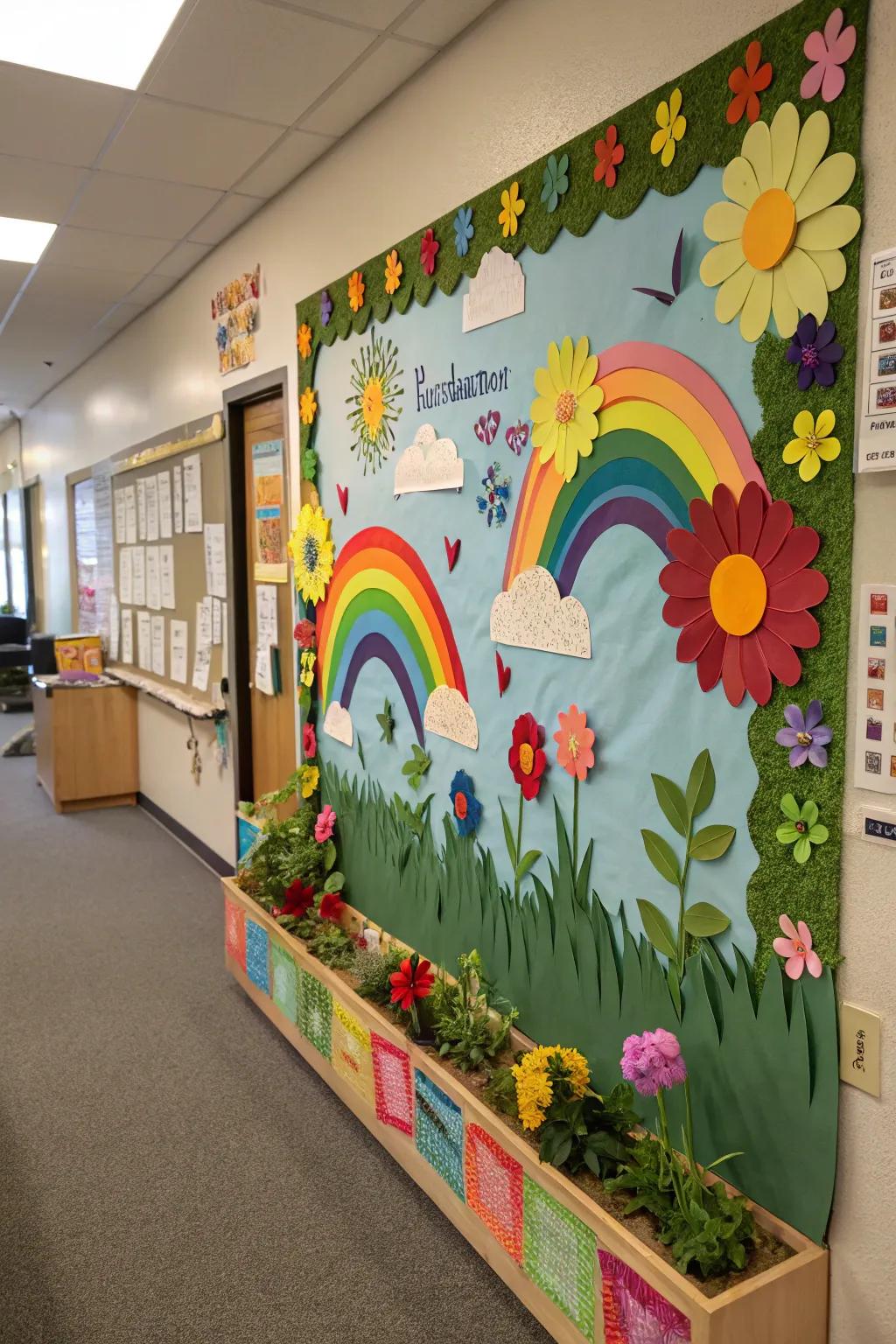 A nature-themed board embellished with flowers and rainbows.
