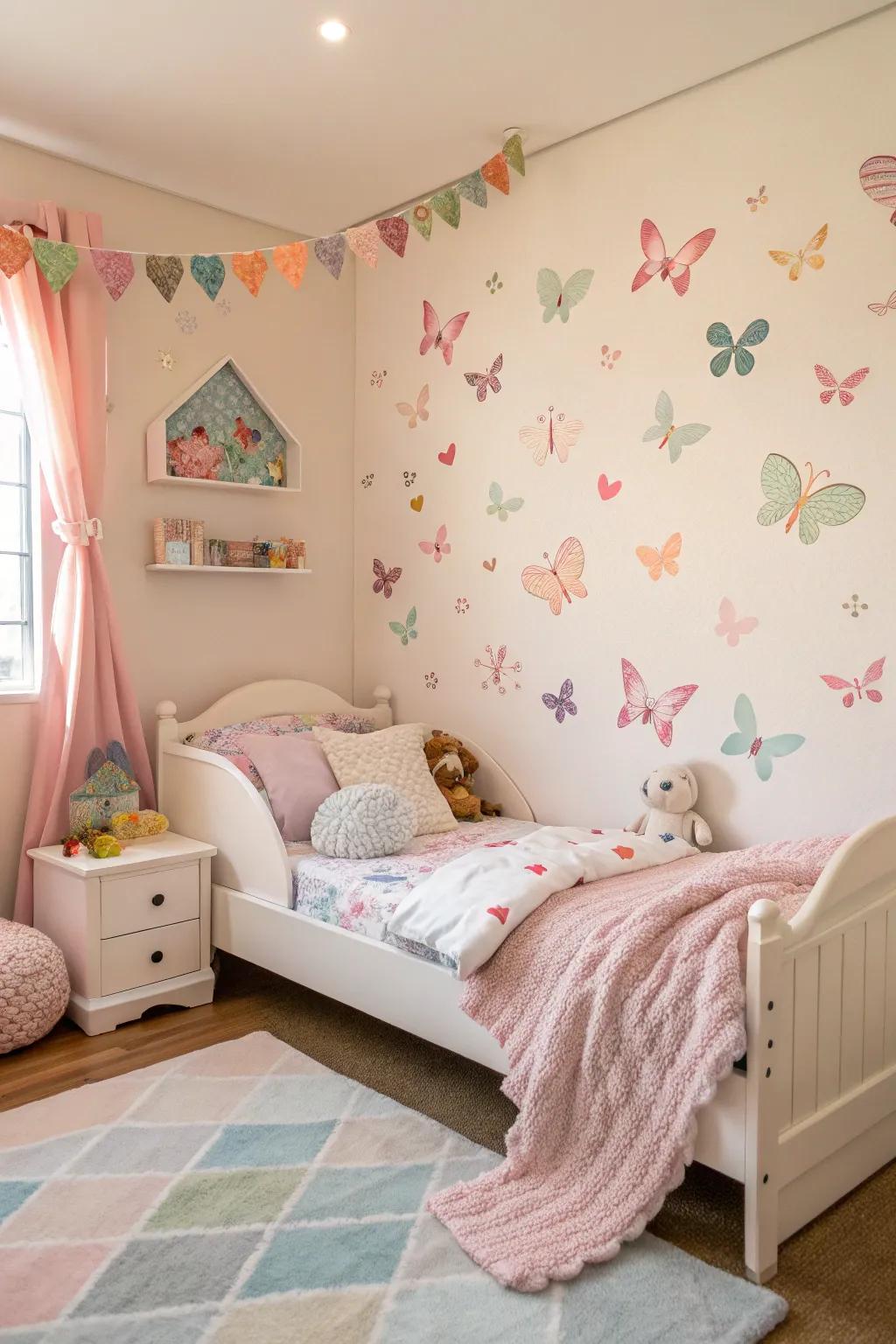 Fluttering wall embellishments add a touch of nature and whimsy.