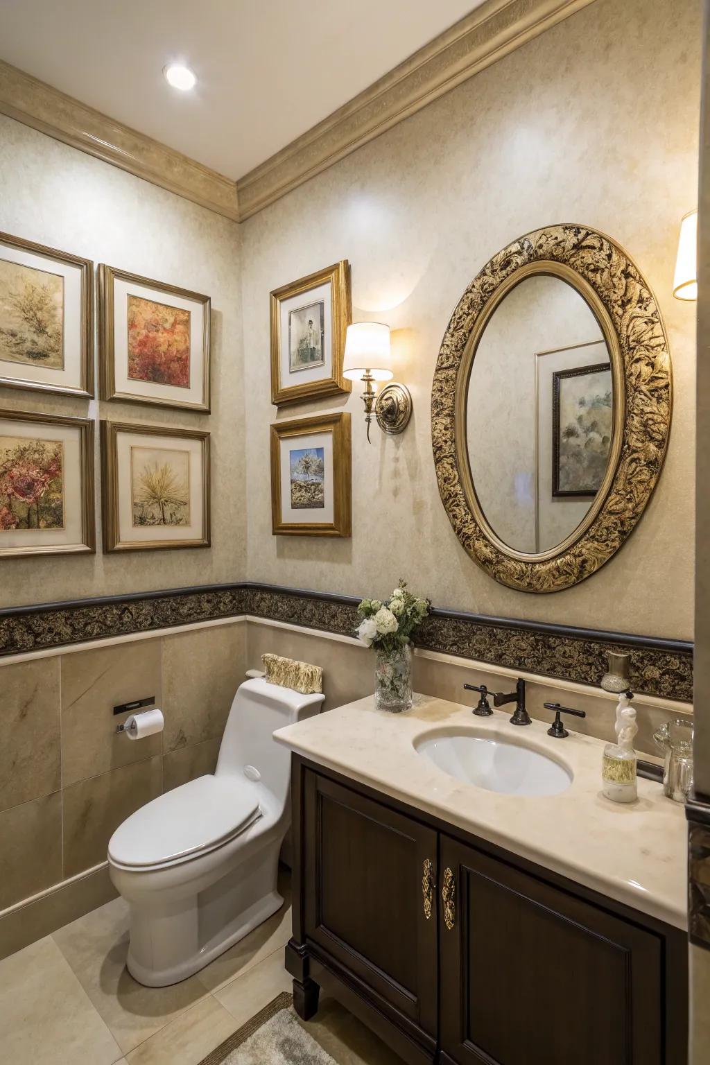 Sophisticated accents through artistic pieces and looking glasses in a lavatory.