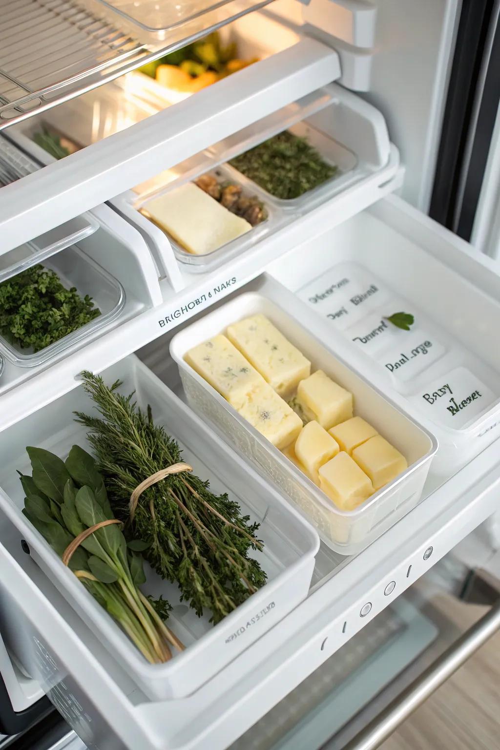 Top freezer door showcasing small items like butter and herbs, all neatly arranged for easy access.