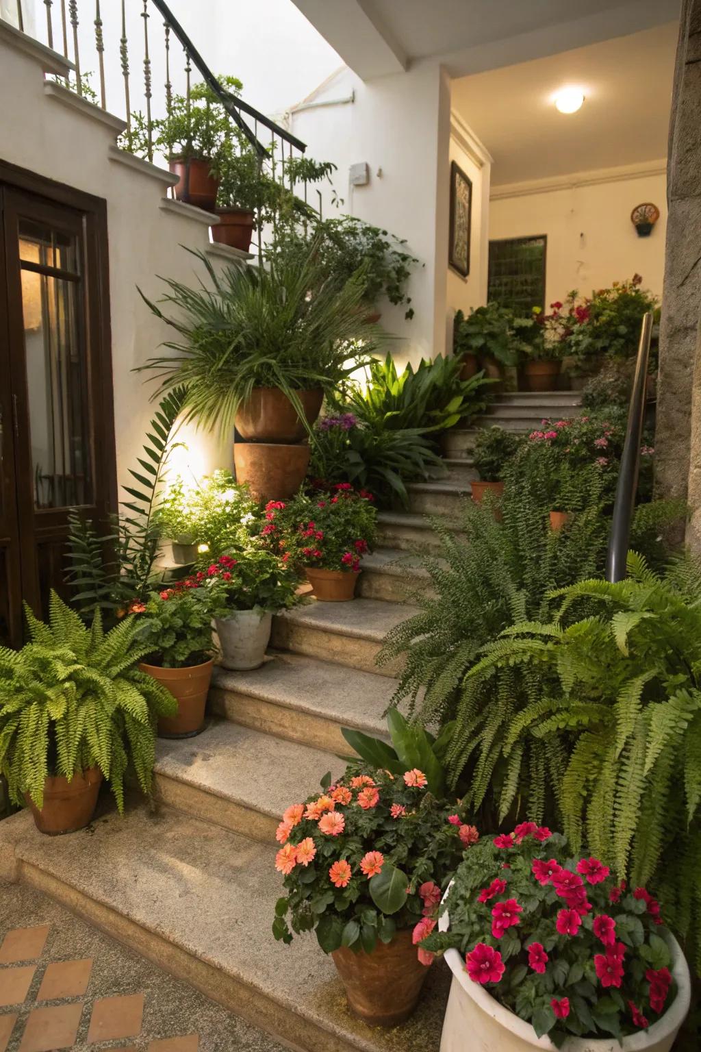 Plants bestow a revitalizing impression upon your stairway landing.