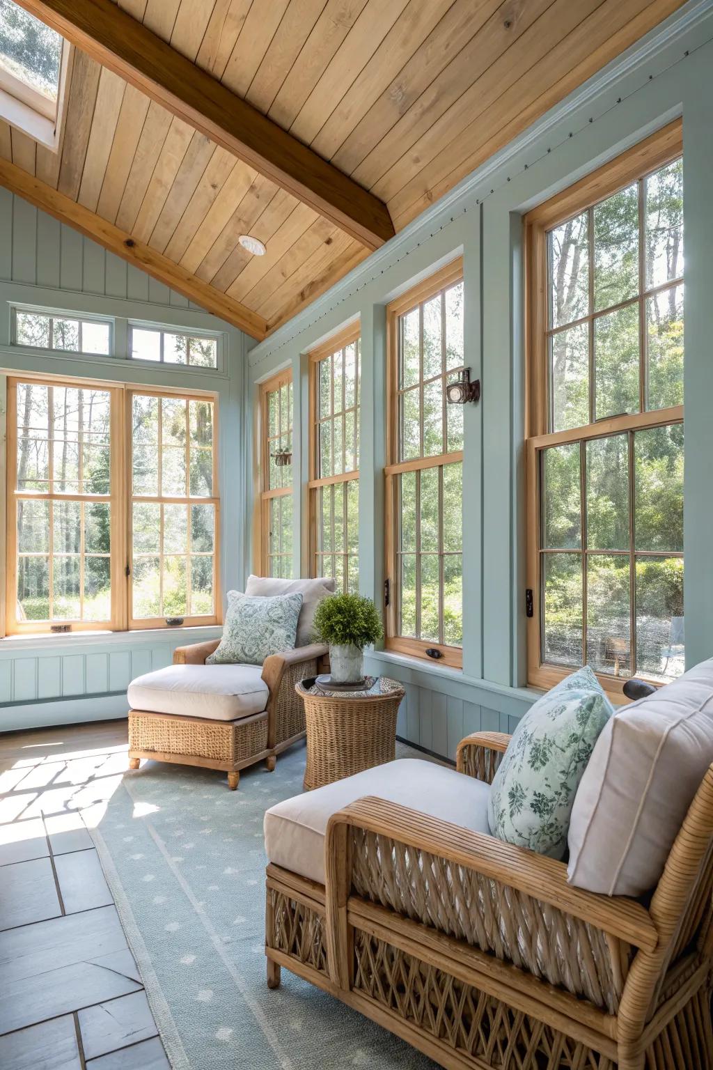 Sky blue walls establishing a serene and welcoming sunroom atmosphere.