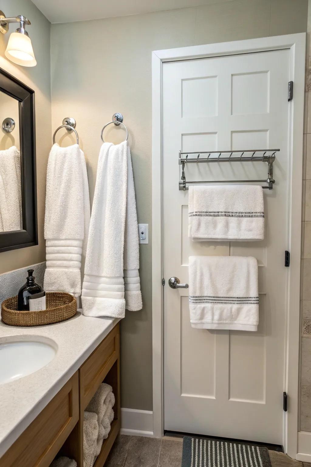 Make the most of space using an over-the-door towel rack.