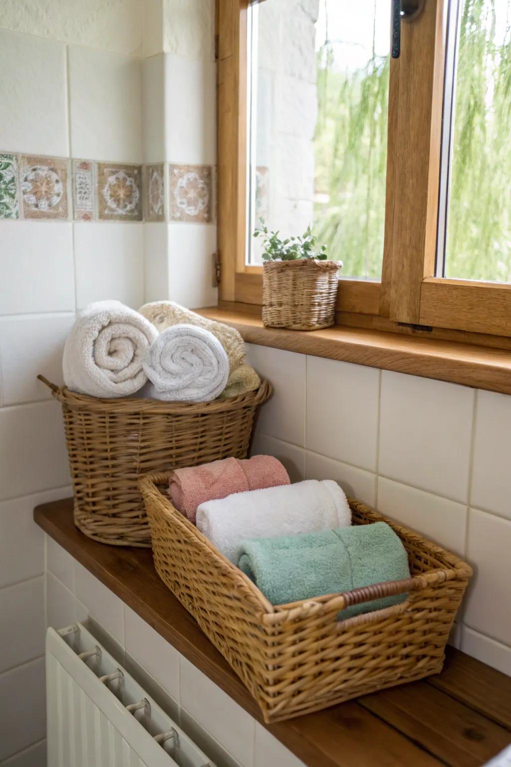 Baskets add a natural touch while keeping towels organized and easy to reach.