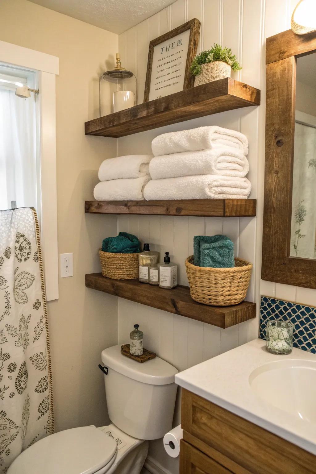Floating shelves contribute storage and style to compact bathrooms.