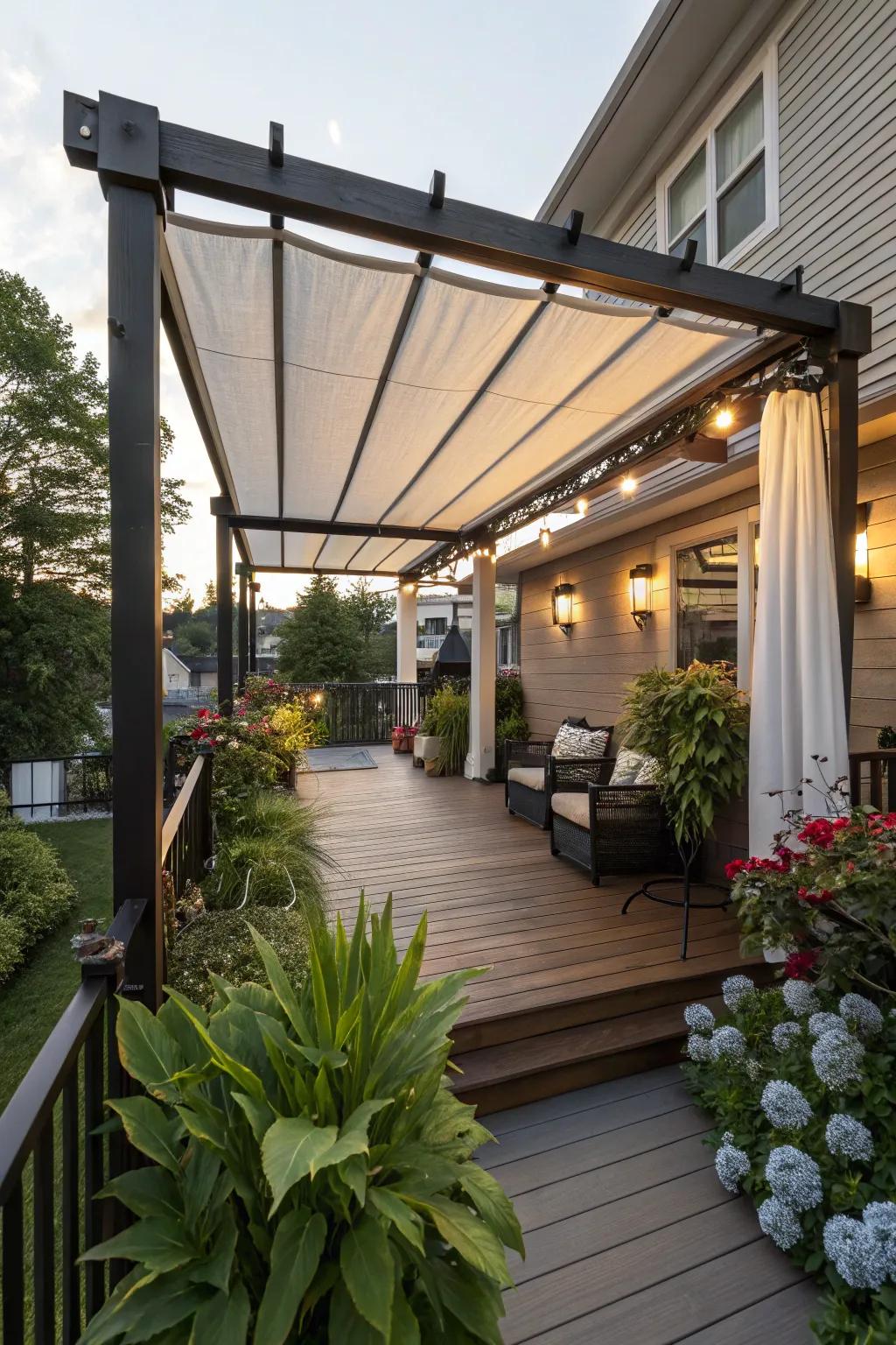 A pergola, complete with adaptable features, provides the adaptability to enjoy either sun or shade.