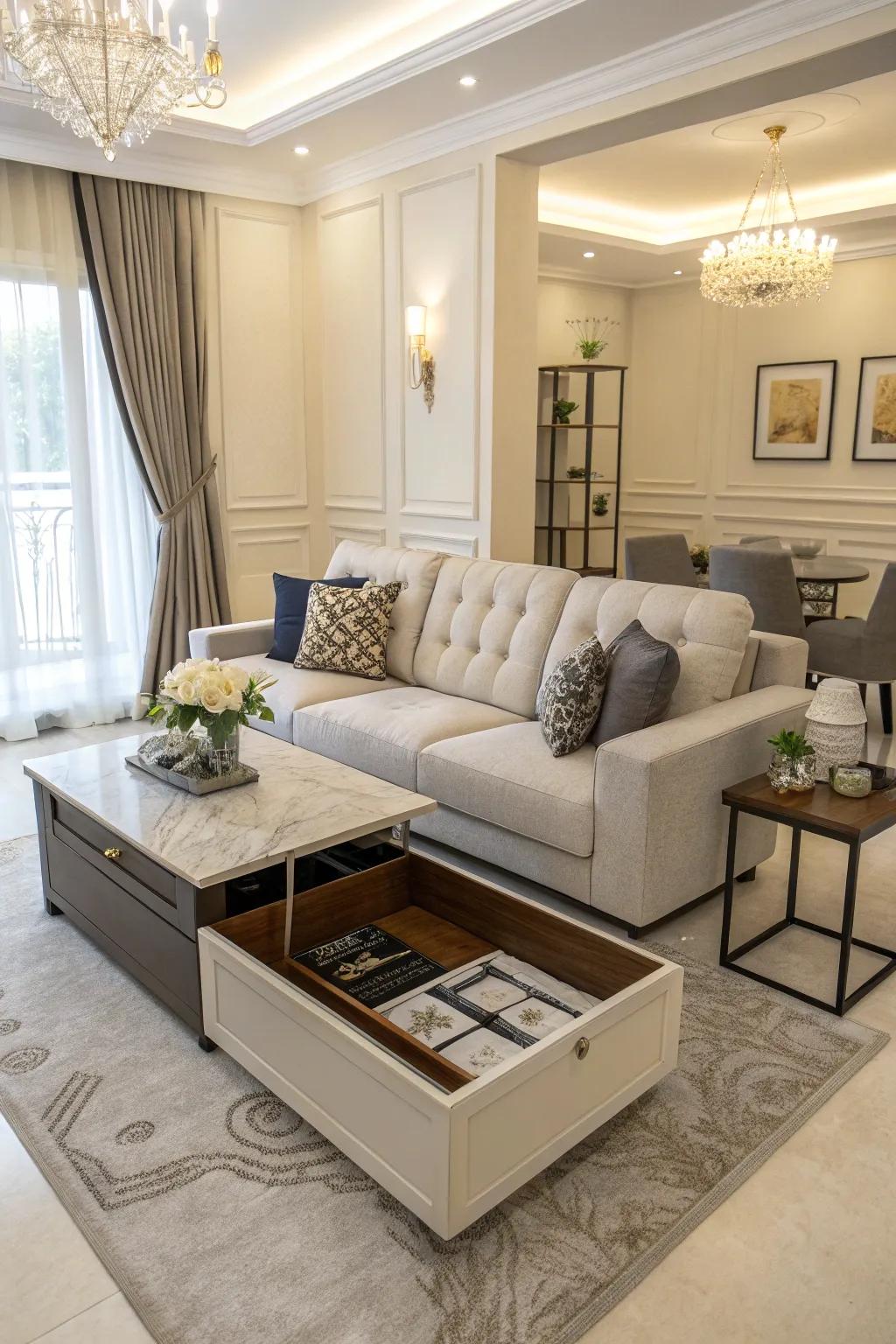 Living room equipped with adaptable furniture