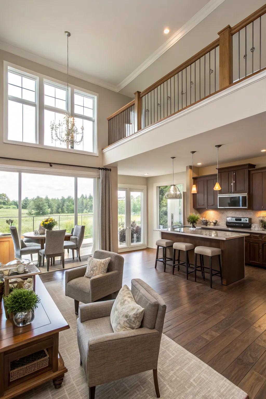An open-concept blueprint improves area and flow within a townhouse.