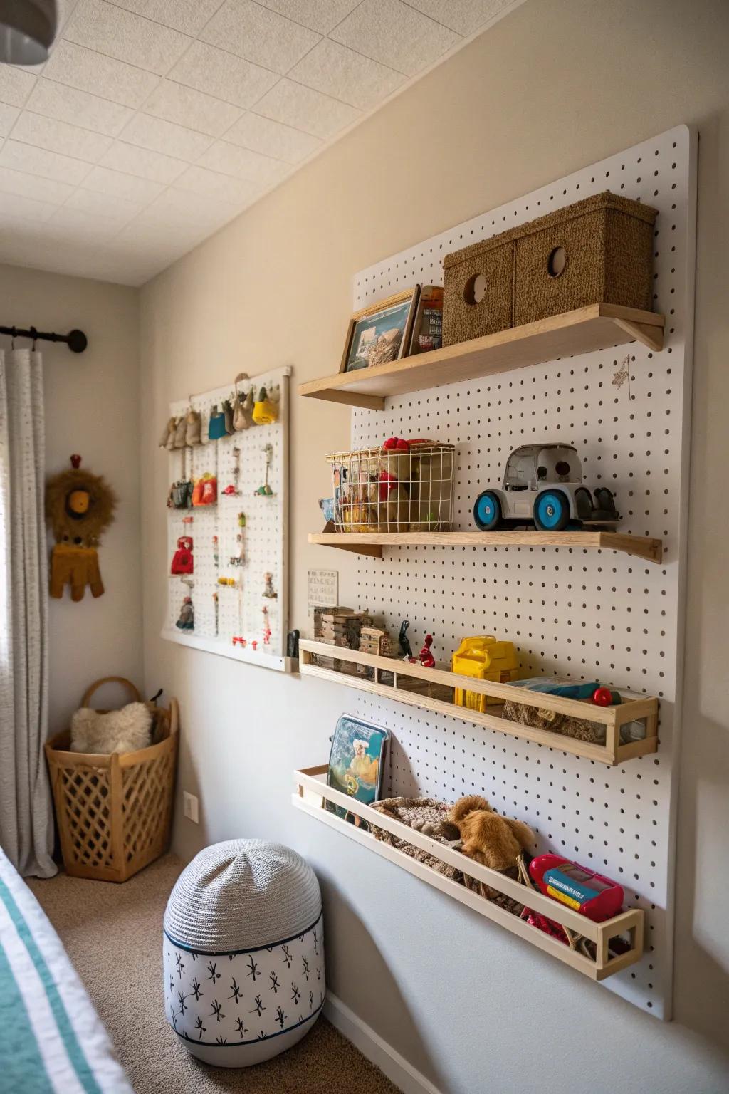 Capitalize on wall expanse through shelving units and pegboard systems designated for toy safekeeping.