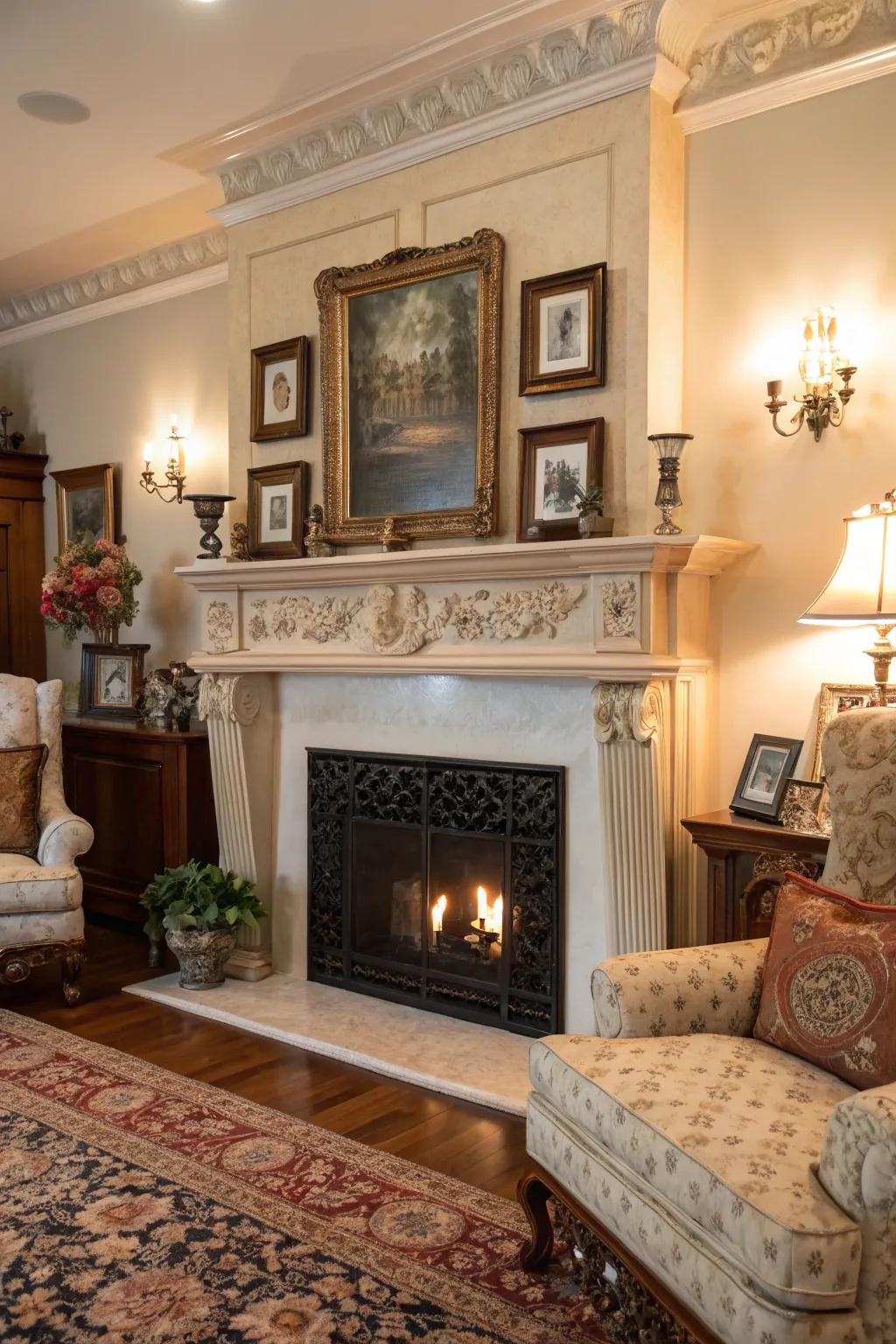 A detailed fireplace mantel serves as the focal point in this traditional relaxation space.