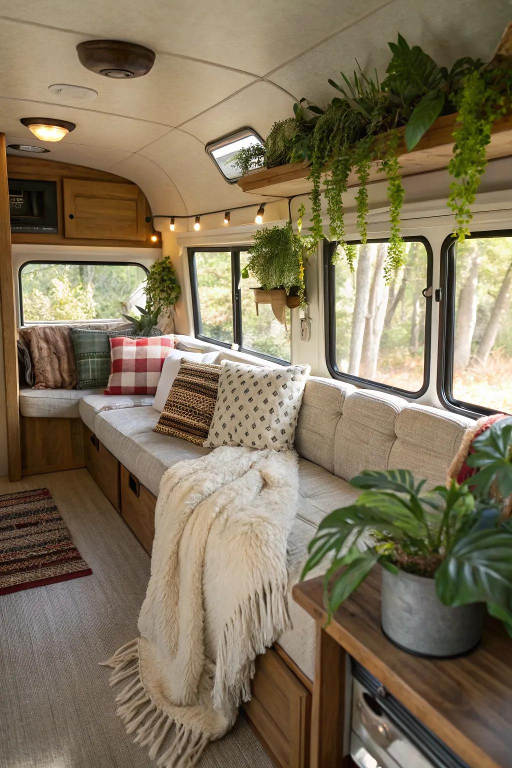 A comfortable camper living zone with soft cushions, blankets, and greenery for a homey feel.
