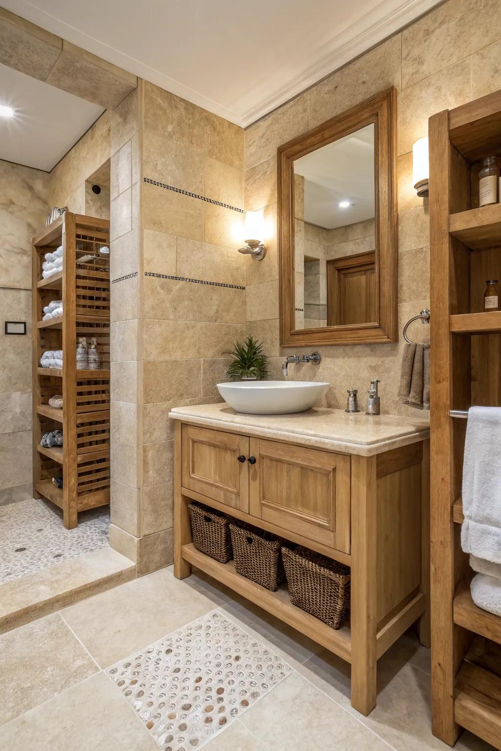 A travertine bathroom complemented by a wooden vanity and shelves for added warmth.