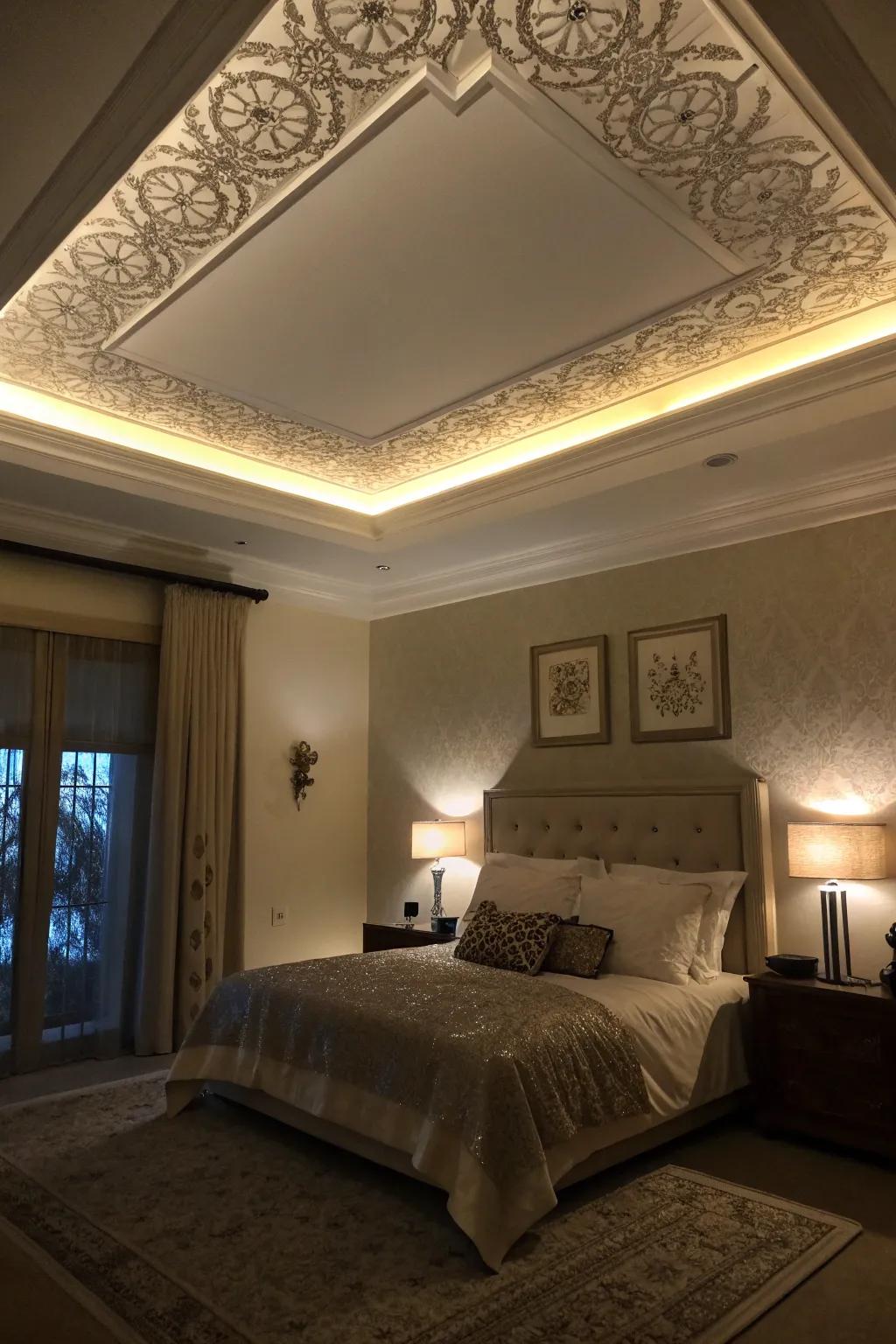 A bedroom with cove lighting casting a delicate glow on a tray ceiling.