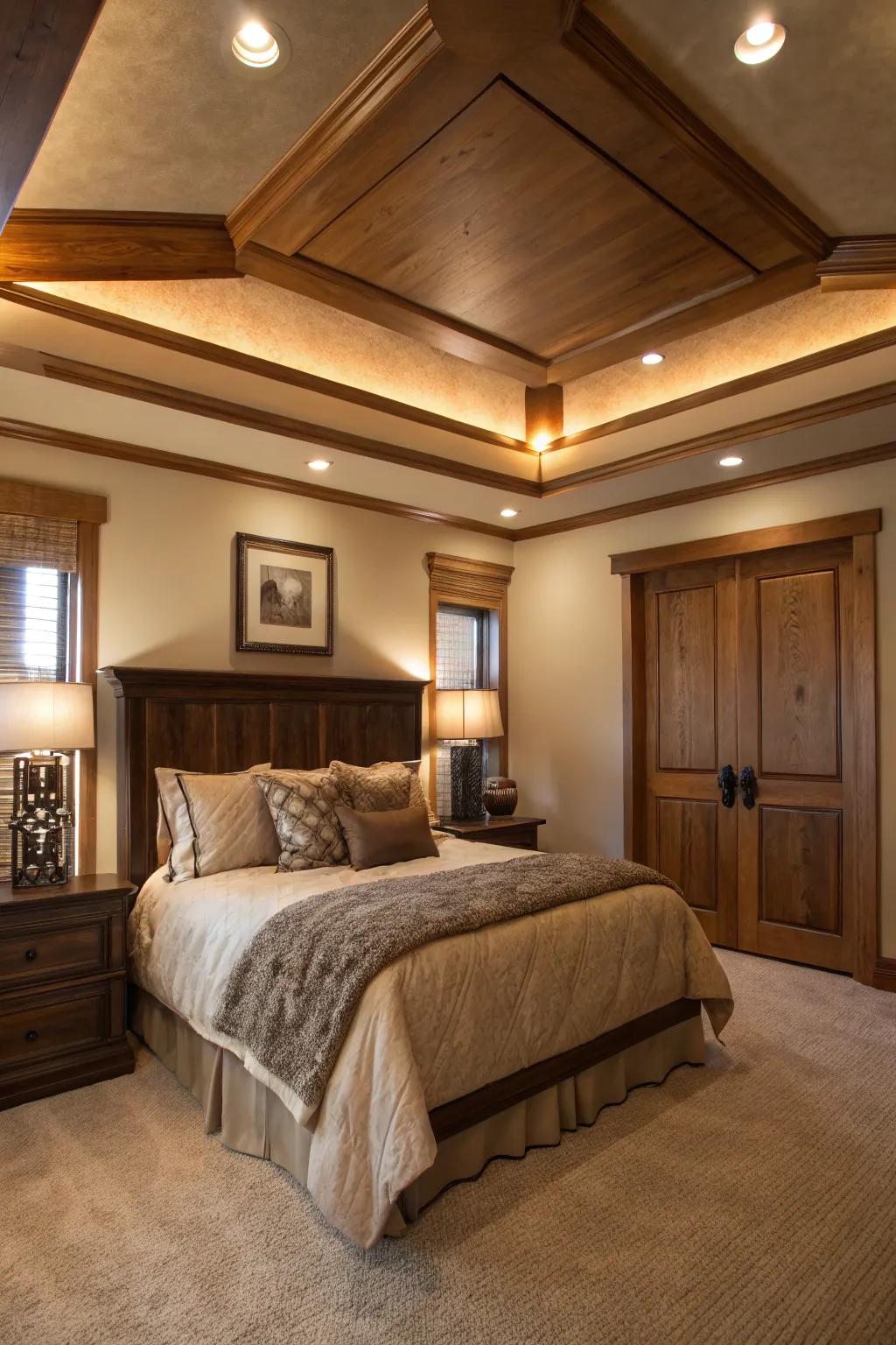 A cozy bedroom featuring a tray ceiling accented with wooden details.