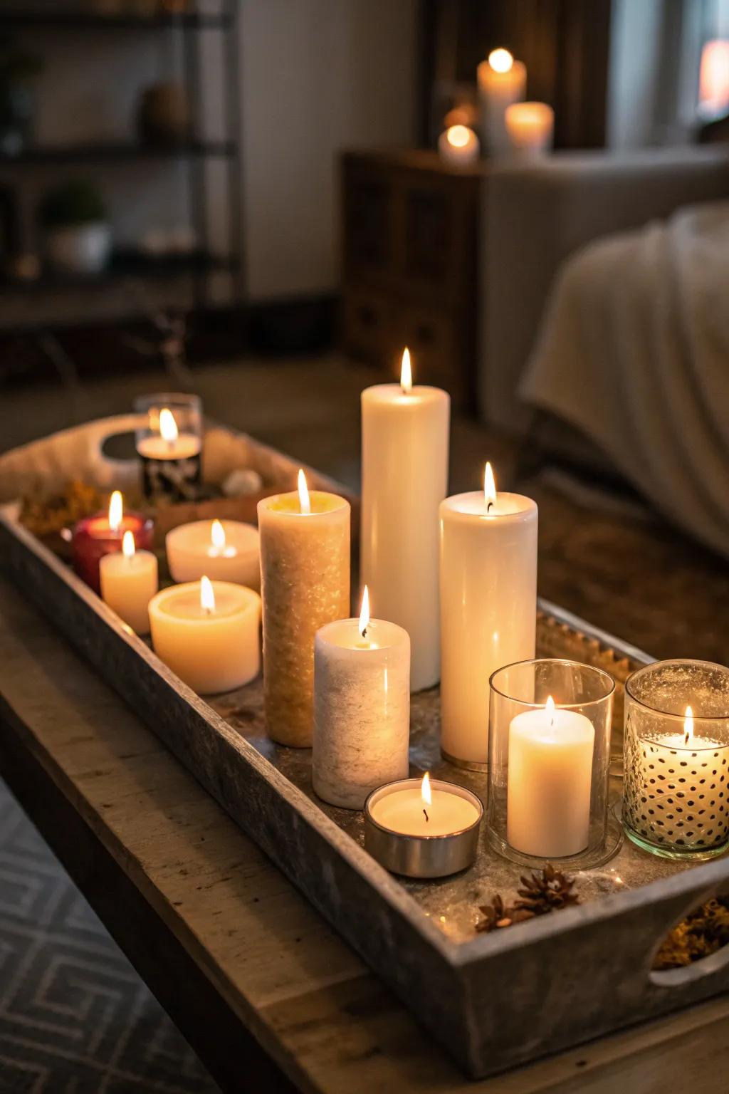 A comforting ambiance is achieved by arranging several candles on a decorative tray.