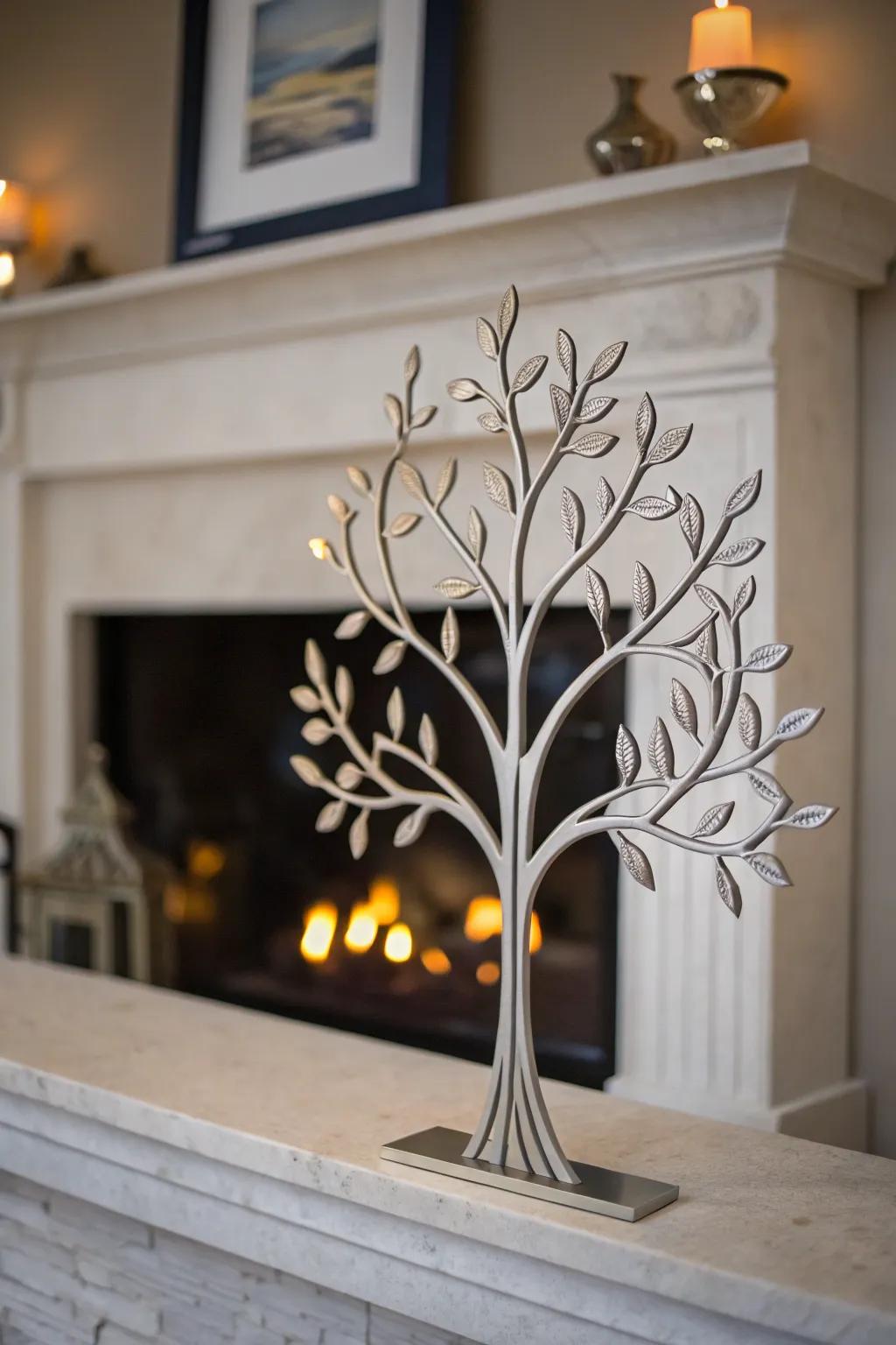 Simplistic metallic Arbor Vitae limb decor over a fireplace.