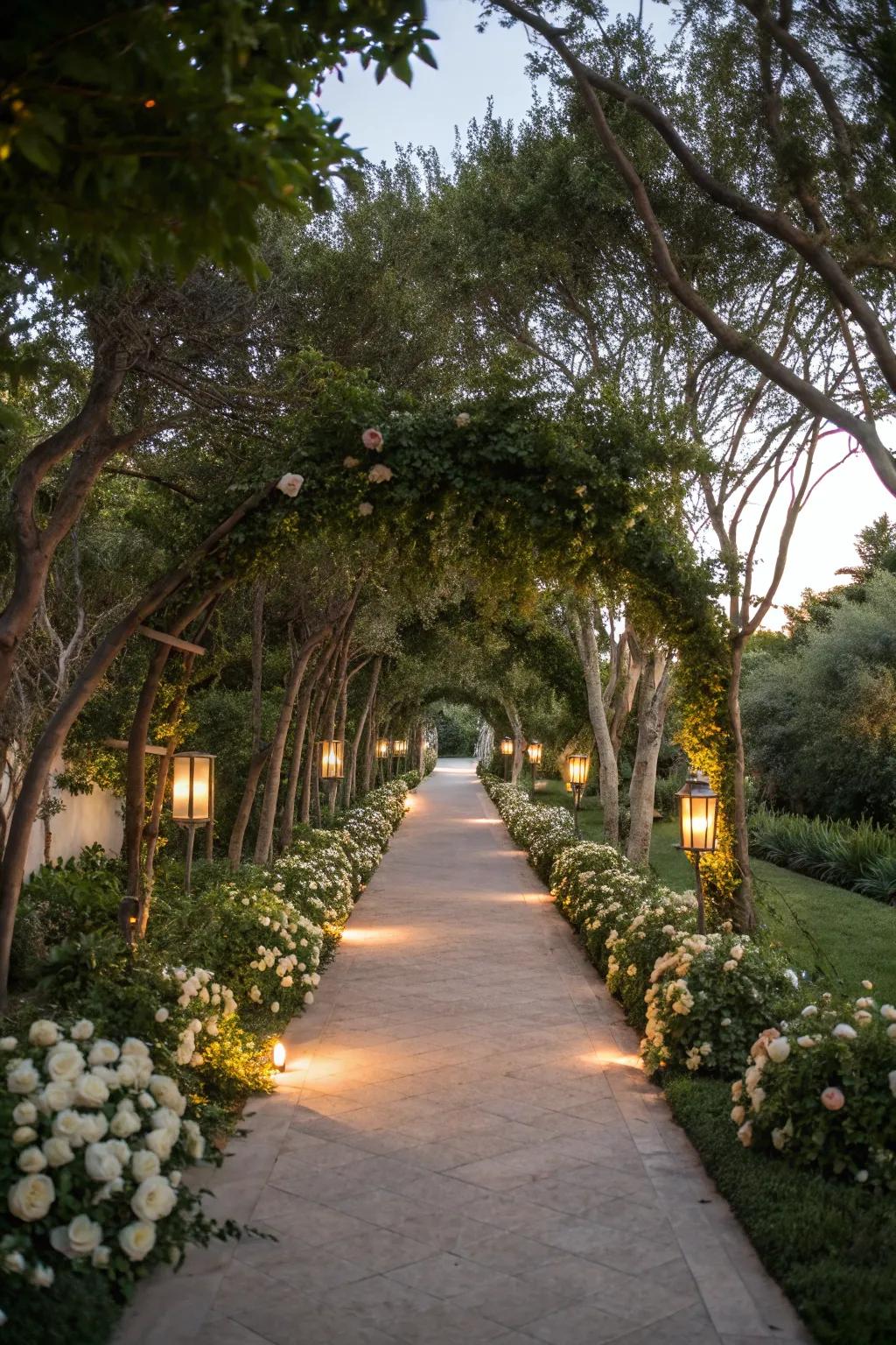 Path illumination with trees lighting the route.