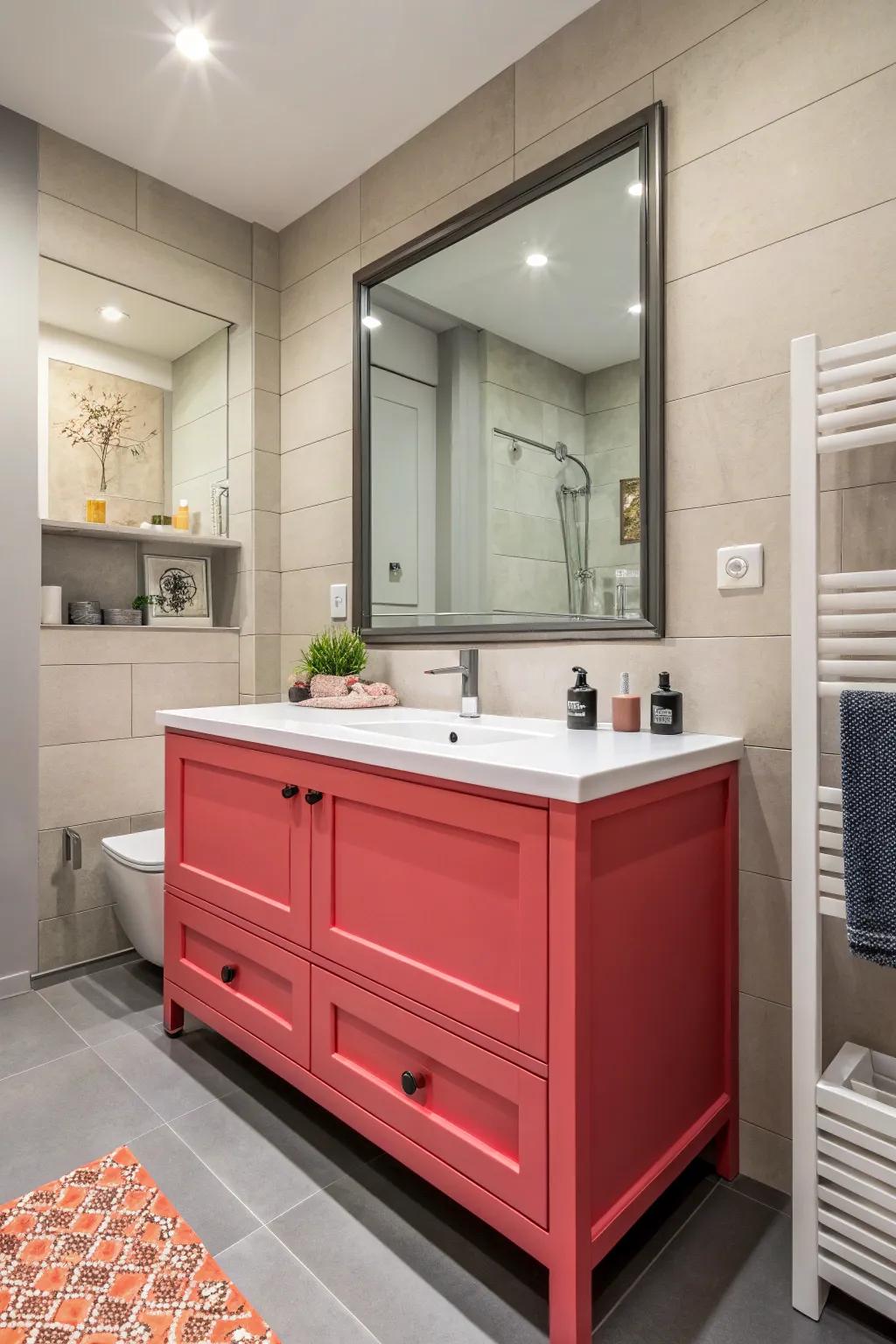 A modern bathroom with a striking vanity color, creating an impressive statement.