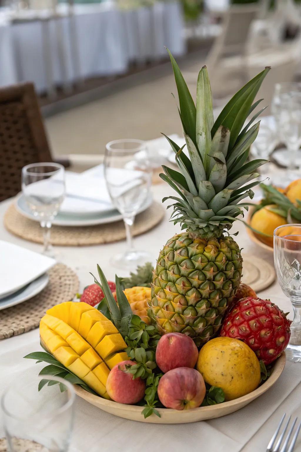 An exuberant tropical edibles centerpiece.