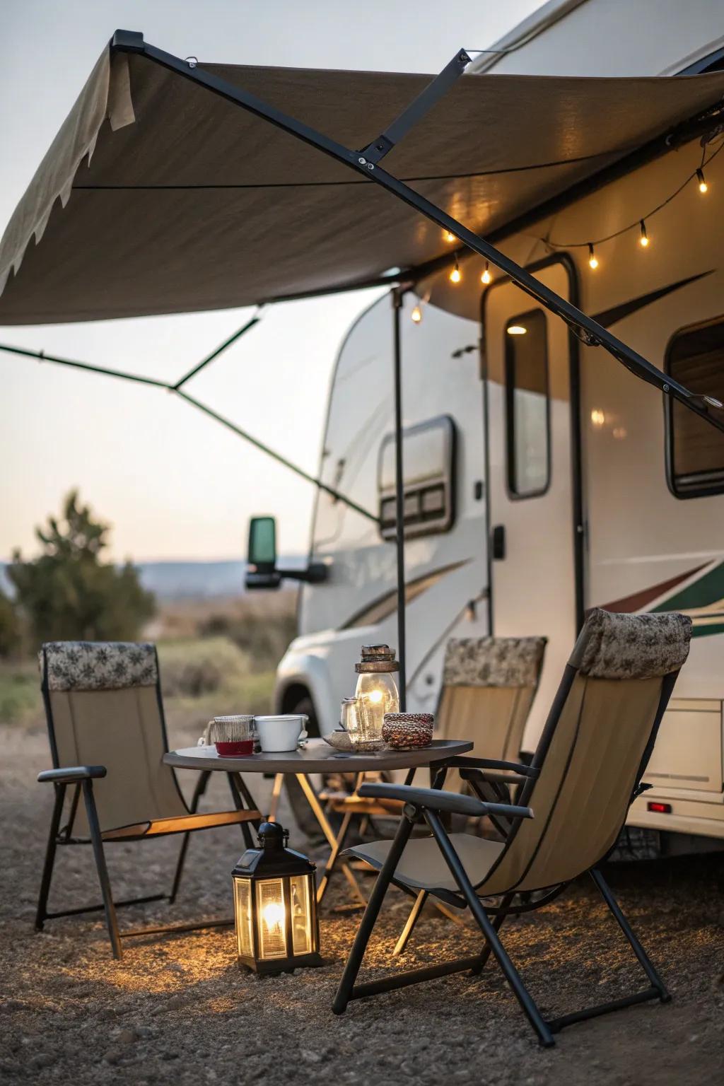 Portable furniture enhancing the comfort beneath a camper awning.