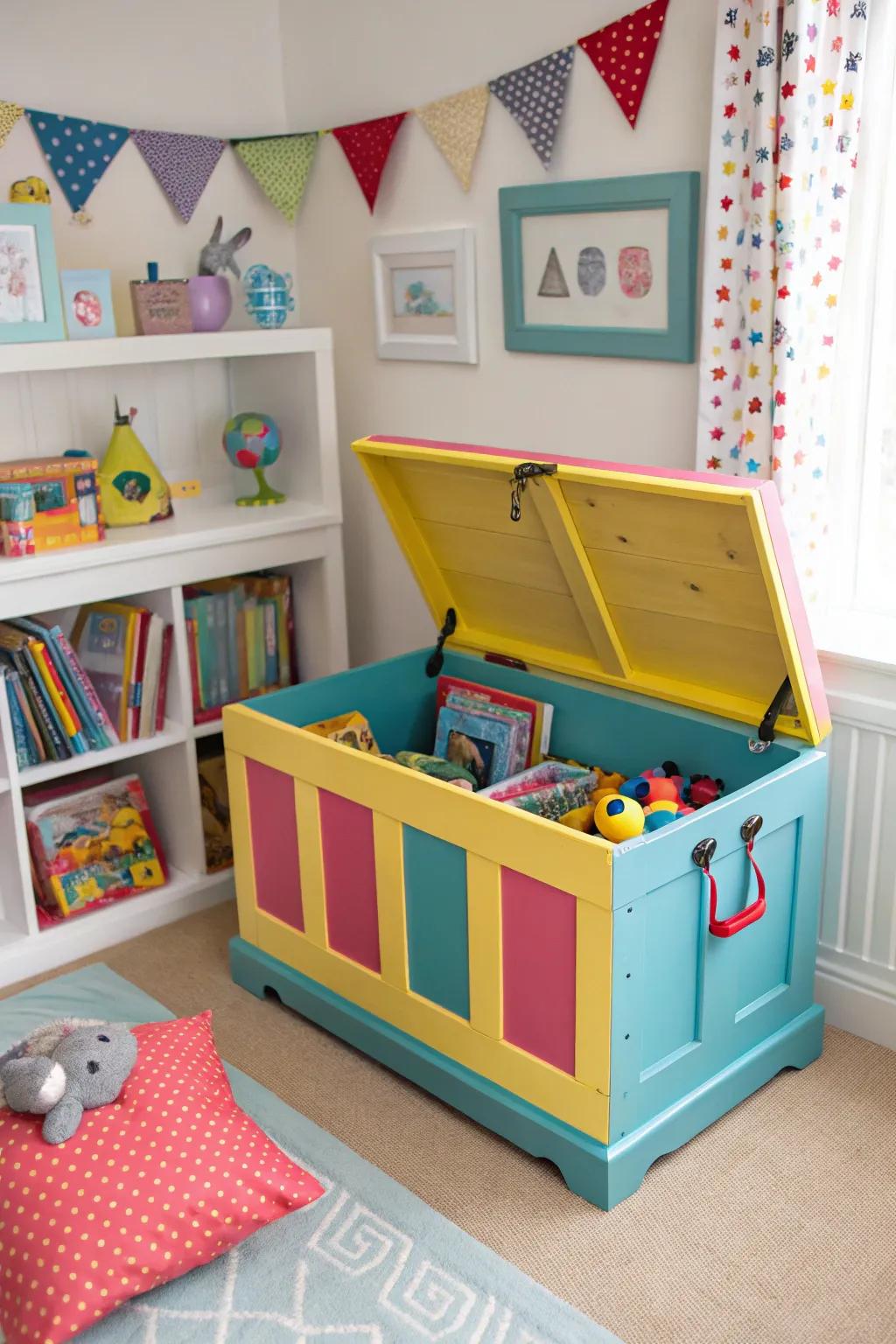 This vibrant trunk transforms toy storage into a fun and organized experience.