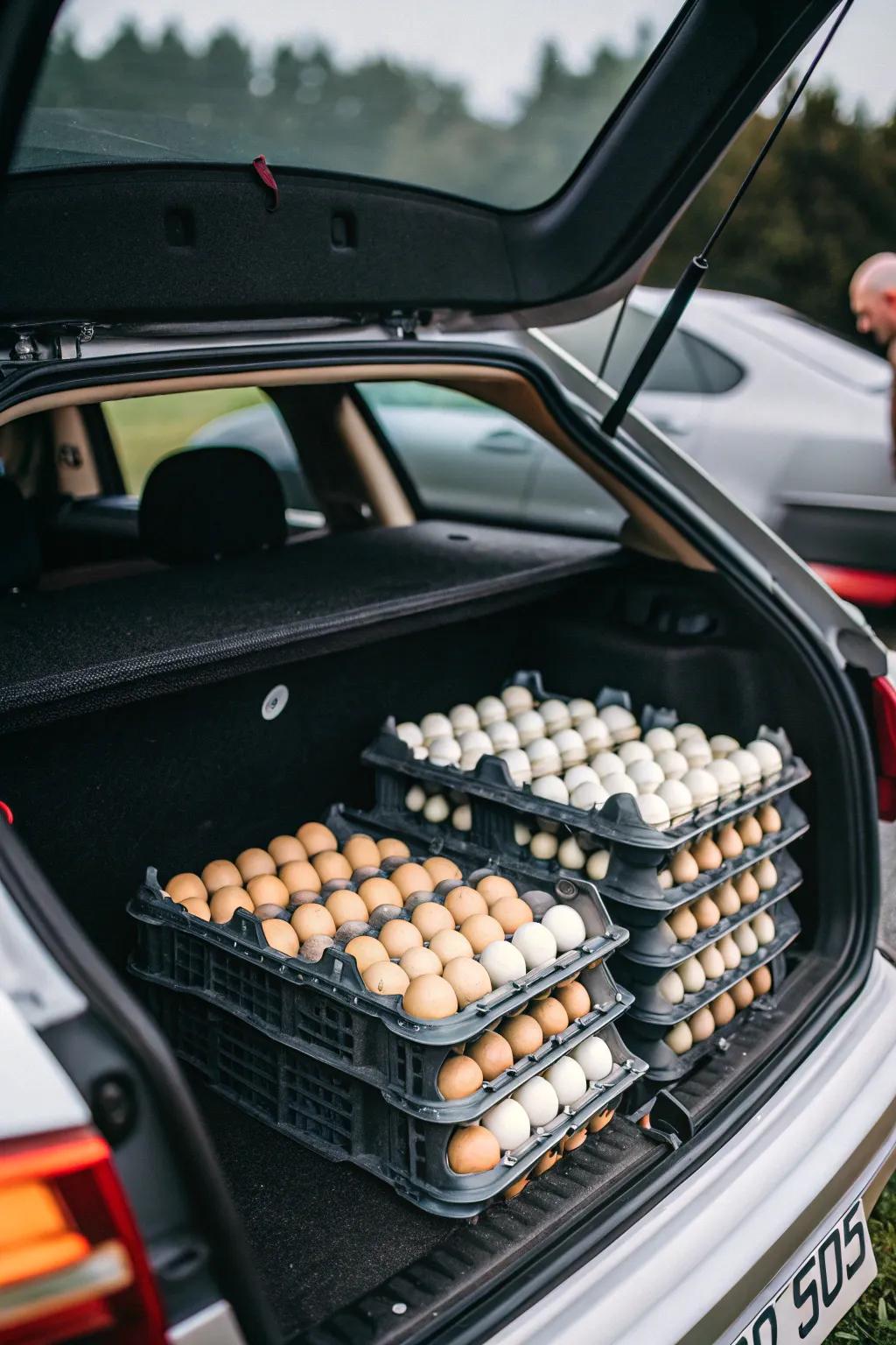 In the trunk, egg cartons offer protection for delicate objects.