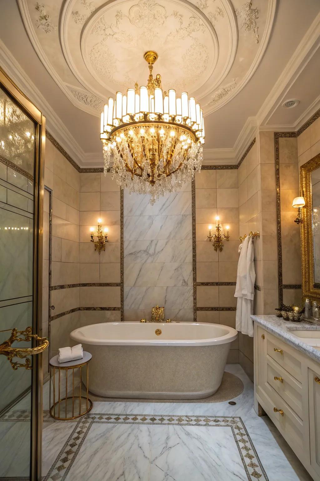 A hanging light appends a lavish and elegant atmosphere above the tub.