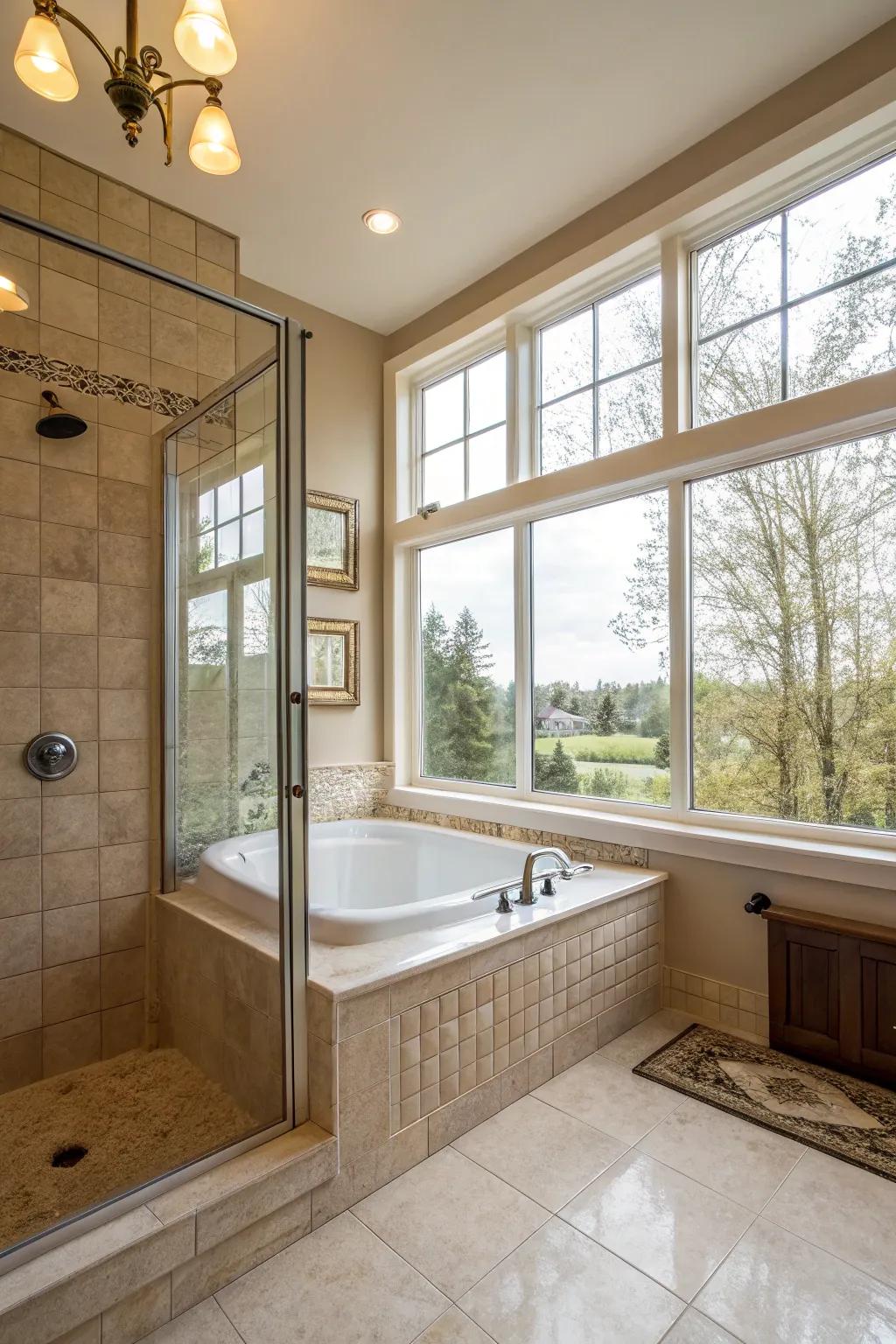 Natural light streams into the tub-in-shower space, producing a warm and appealing area.