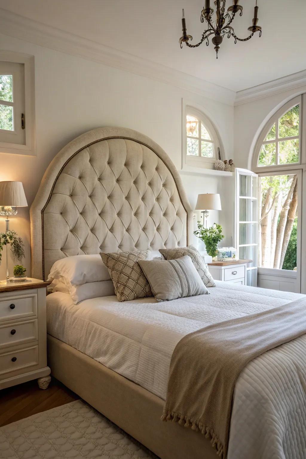 A romantic bedroom features an arched tufted headboard.