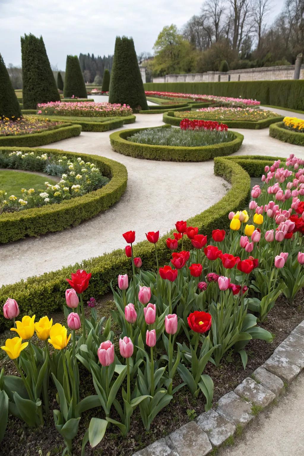 A formal garden layout with tulips arranged in symmetry, embodying elegance and order.