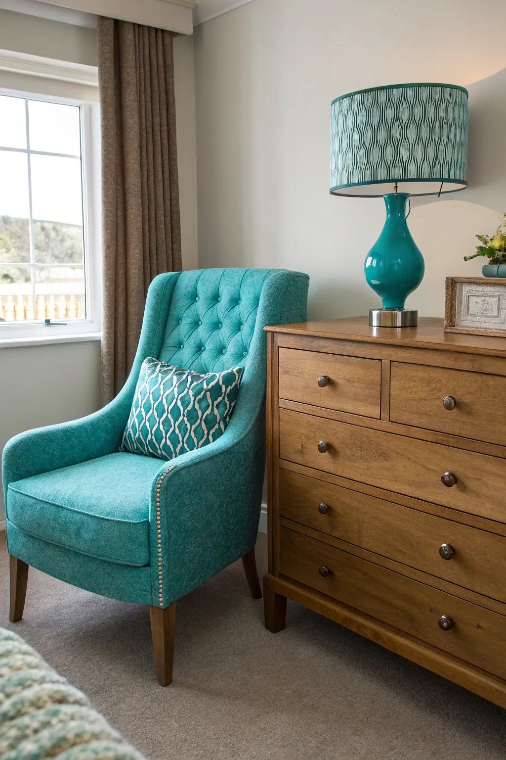 A turquoise chair enhances this elegant bedroom with a striking accent.