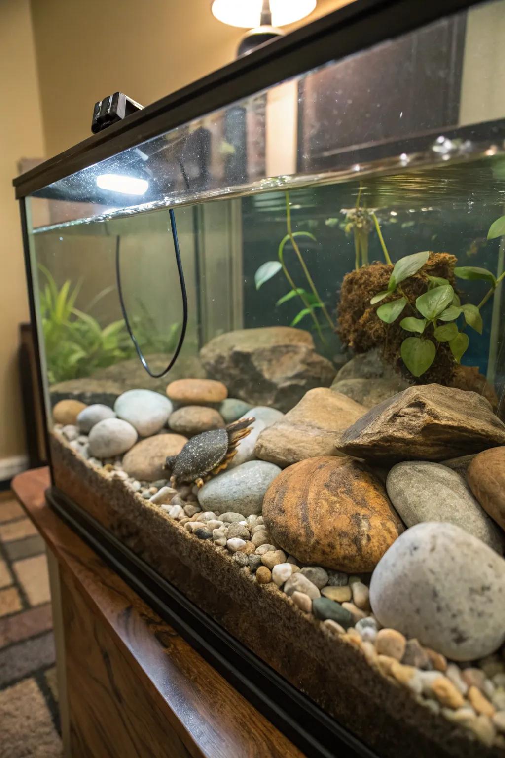 River stones create a natural waterway sensation in your turtle's sanctuary.