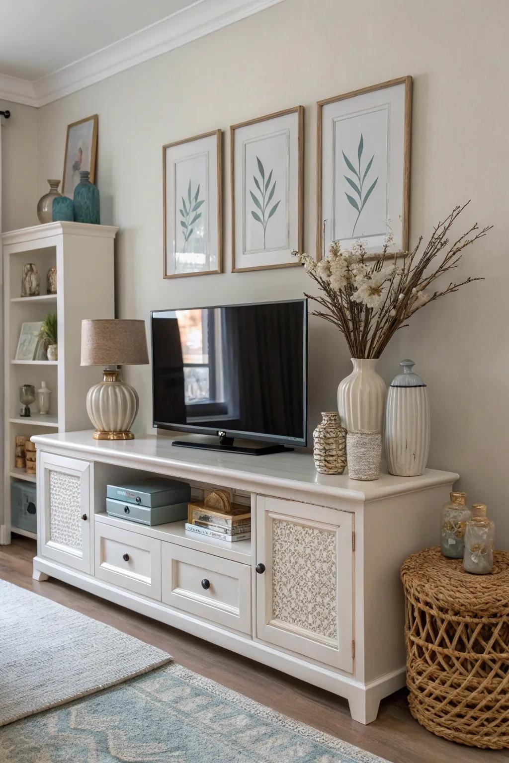 A media console styled with coordinated colors.