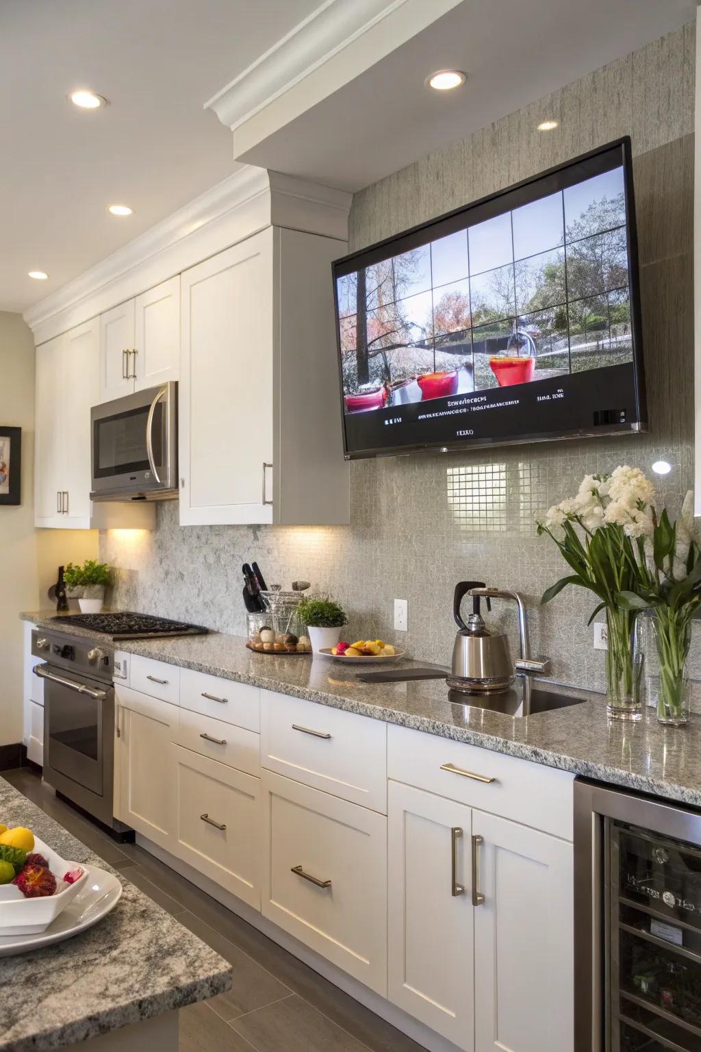 A wall-secured panel display in a cooking area, economizing on floor space and enhancing aesthetic.