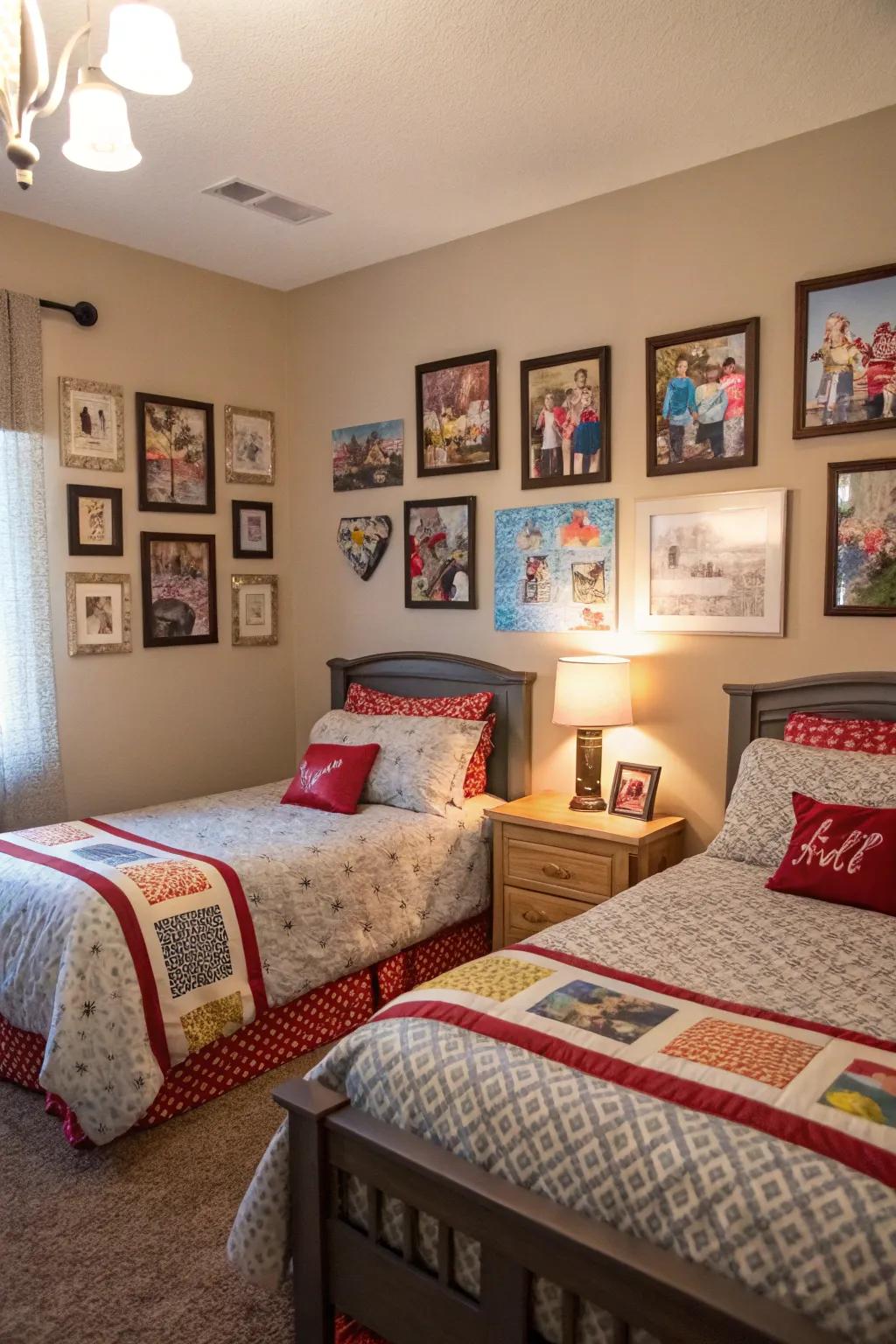 Wall art enhances and brightens the twin bedroom.