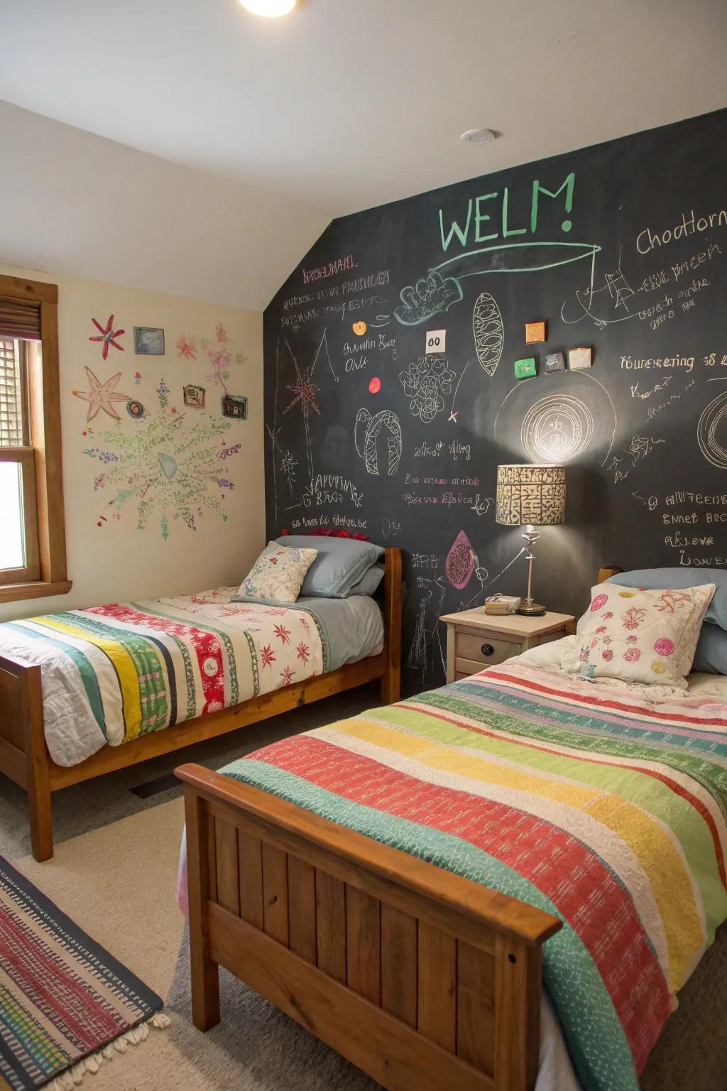 A slateboard wall introduces an interactive and artistic element to the space.