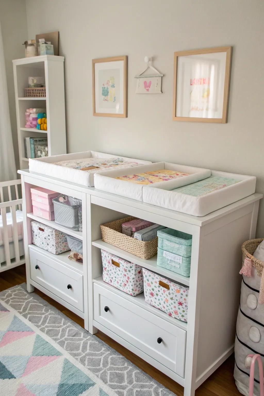 Multi-use furniture keeps the nursery organized and efficient.