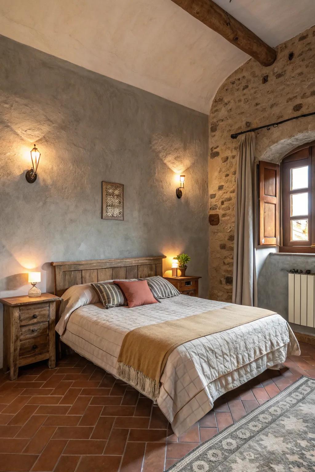 A cozy bedroom featuring earthen clay and light pebble walls, offering warmth and comfort.