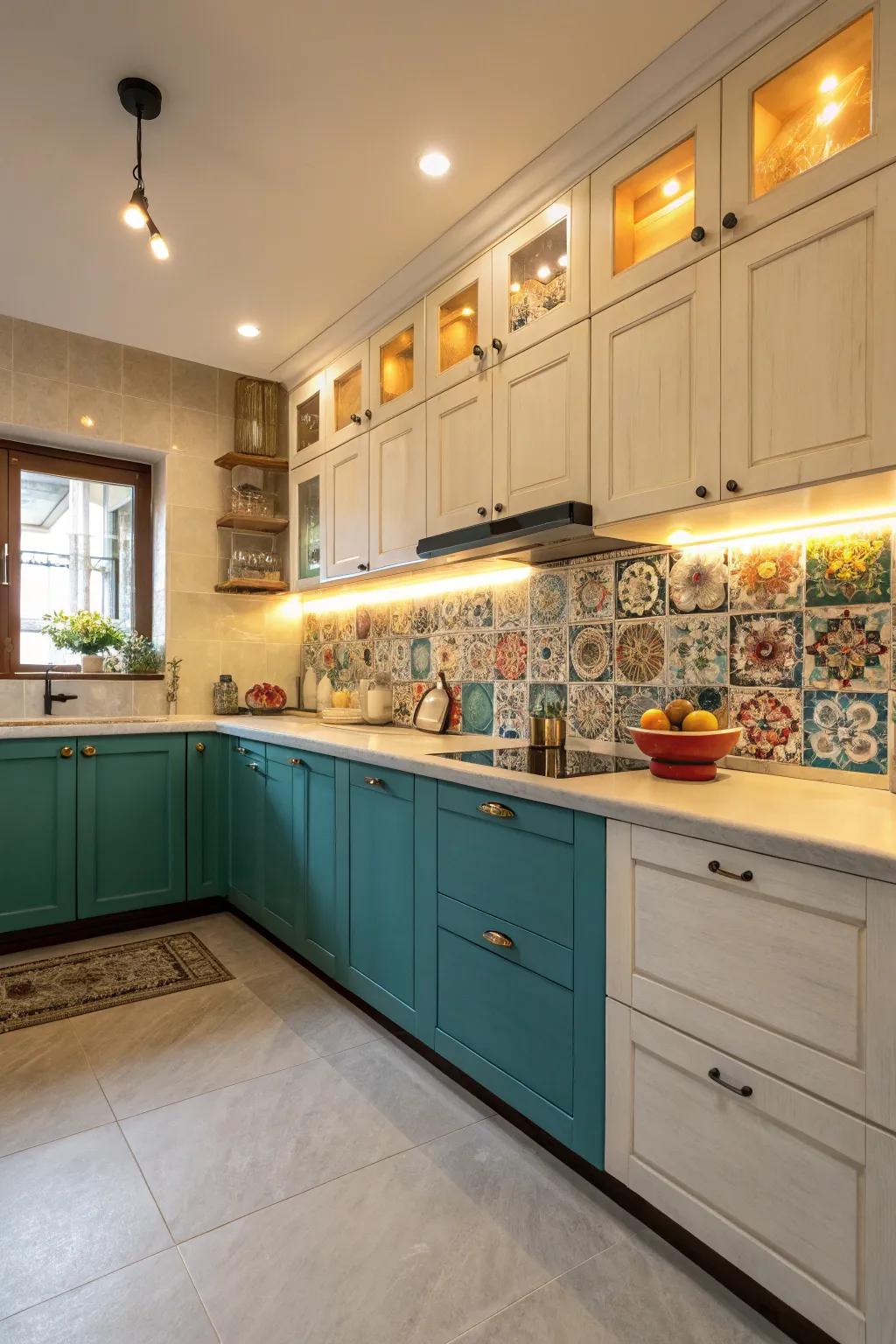 Cerulean and buttercream cabinets inject a lively touch into this kitchen.